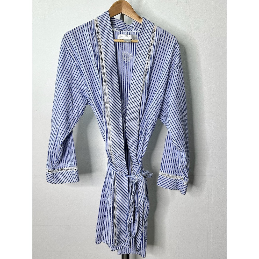 Eileen West Robe Blue White Striped Cotton Seersucker Eyelet Lace Wrap Medium